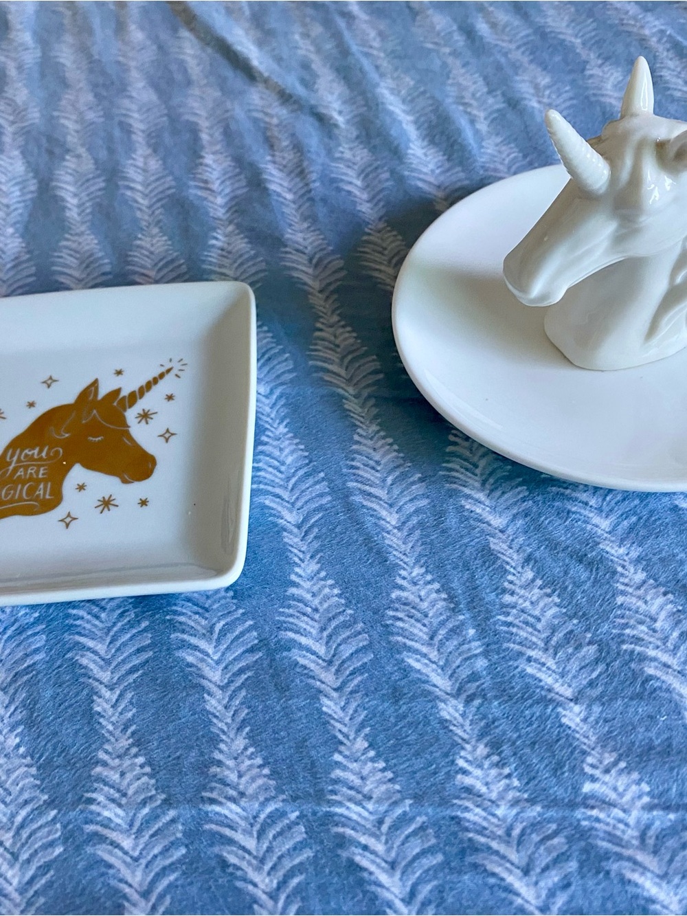 White Unicorn Ring Dish & Square Trinket Tray Set - White and Gold Ceramic